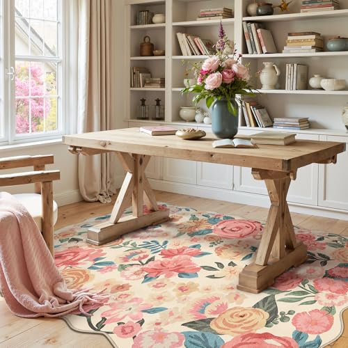 PureCozy Washable Floral Area Rug 4x6 Beige Office Carpet Scalloped Flower Non Slip Soft Living Room Rug Farmhouse Low Pile Thin Indoor Floor Cover for Bathroom Bedroom Kitchen Laundry Dinin