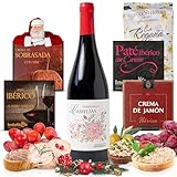 UNIVERSO GOURMET | Cesta Gourmet para Regalar | Vino Tinto Tempranillo 75cl + Patés y Cremas Ibéricas 70gr | Regaña Artesanal | Delicatessen Española para Degustar o Sorprender | Cesta Navidad