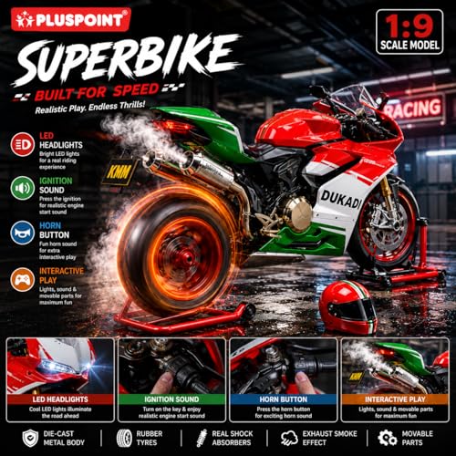 Image of PLUSPOINT Diecast Ducati Bike Motorcycle Toy 1:9 Scale Model with Sound Effects, LED Lights, Ignition System and Smoke Spray, Model Vehicle Toy Street Machine Alloy Simulation Super Bike