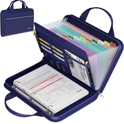 Classeur à 3 anneaux ignifuge bleu doté de 13 poches extensibles pour le classement de bureau.