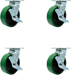 Polyurethane on Cast Iron Swivel Top Plate Casters Set of 4 Heavy Duty with 6 Inch Green Wheels - Includes 4 Swivel with Top Lock Brakes and Bolt on Swivel Locks - Service Caster Brand