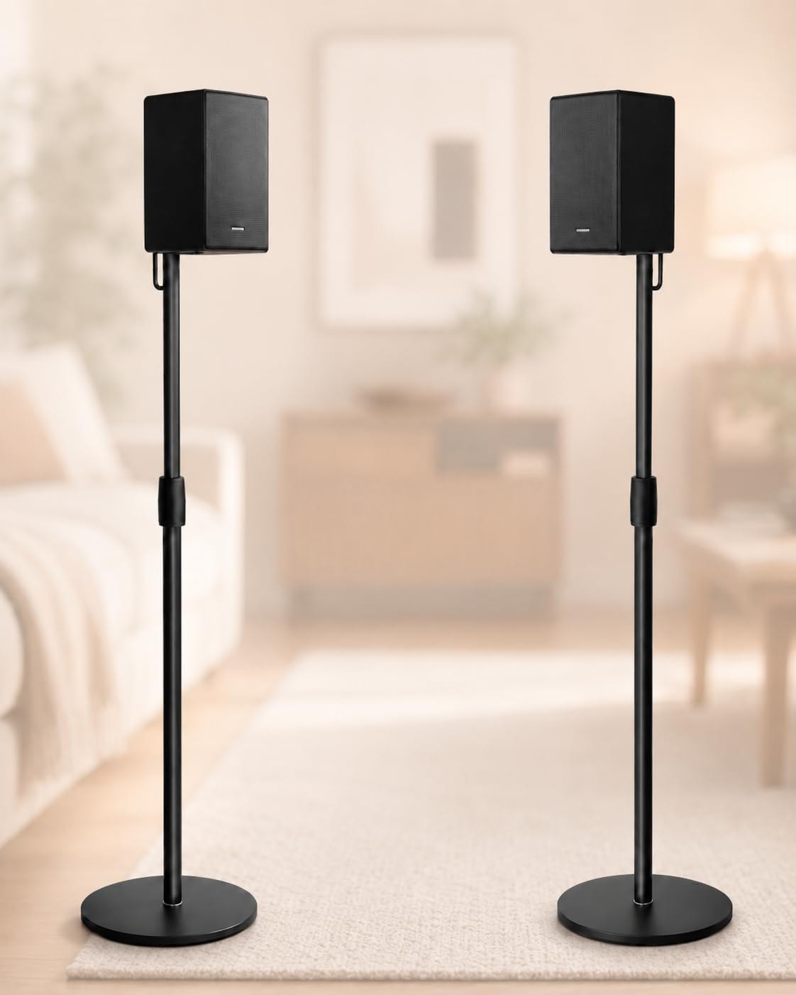 Soporte Altavoces Suelo para Altavoces de hasta 73-140 cm, Altura Ajustable, Juego de 2，Soporte de Suelo con Cable para Satélites de hasta 5KG