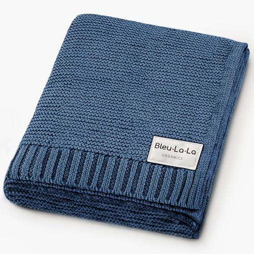 Image of Bleu La La - 100% Organic Cotton Heritage Knit Textured Baby Blanket for Boys - Signature Heritage Knit, Soft Breathable Newborn Baby Blanket (Heritage - Denim Blue)