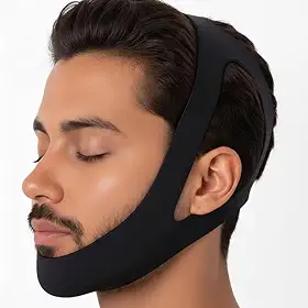 Máscara Faixa Anti-Ronco Ajustável Neoprene Preta Queixeira Suporte Mandíbula para Apneia Leve e Sono Tranquilo - Unissex Respirável Lavável