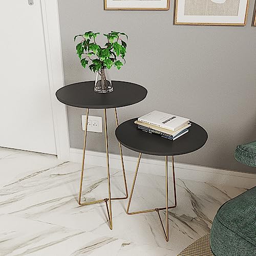 Conjunto 2 Mesas Begônia Com Pés em Ferro Dourado com Tampo Redondo Preto