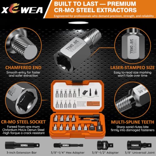 Image of XEWEA 14PCS 3 /8 inch Drive Screw Extractor Set,Multi-Spline Easy Out | Bolt Remover Kit, For Stripped Broken Bolts, Nuts & Screws, Heavy-Duty CR-MO Extraction Tools