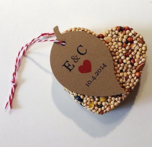 30 Bird Seed Heart Shaped Favors - Leaf shaped personalized tag with heart shaped bird seed favors