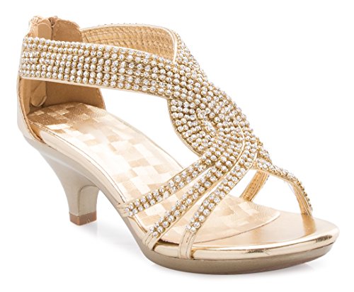 Image of Olivia K Girls' Kids Open Toe Strappy Rhinestone Dress Sandal Low Heel Shoes - Wedding, Dress, Dance, Flower Girl