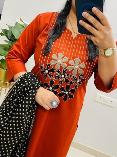 Image of BHARVITA Women's Cotton Embroidered Anarkali Kurta and Palazzo with Dupatta Set | A-line fit