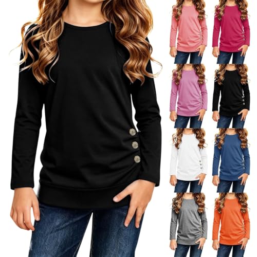 Girls Long Sleeve Shirts Kids Crewneck Knot Front Base Layer Tops Black - image 1
