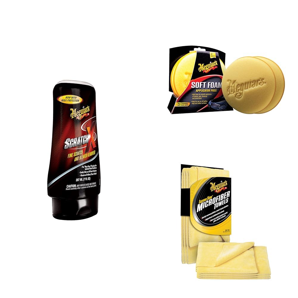 Meguiar's ScratchX Lackkratzer-Entferner – Mikro-Abrasive-Technologie für die schnelle Entfernung feiner Kratzer, Schleier & Makel – Inklusive 4 weiche Auftragspads & Supreme Shine Mikrofasertücher