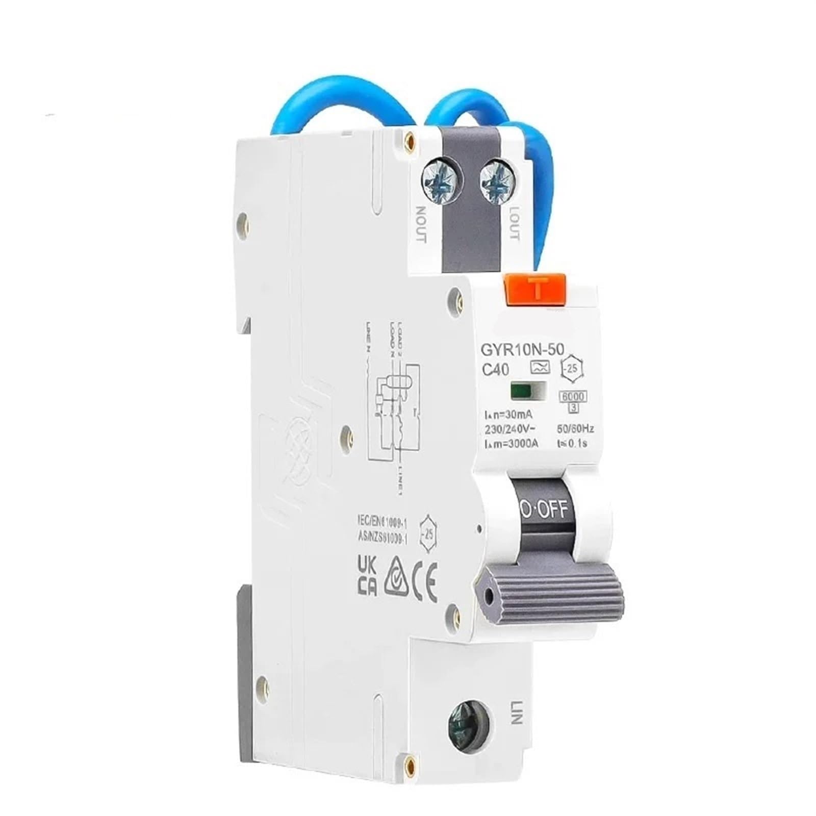 Disjoncteur résiduel 6KA avec fils 18mm et coupure surintensité électronique 25A