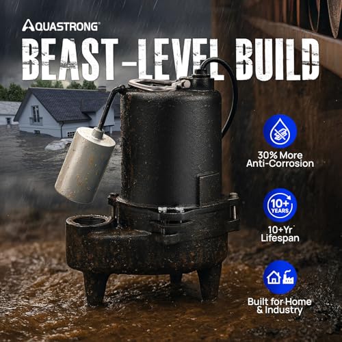 Image of Aquastrong 1 /2 HP Sewage Pump, 6030 GPH Sewage Pump 2 inch Discharge, Cast Iron Sump Pump Submersible with Auto Float Switch for Pool Pumps with Filter Basket, Deep Gray
