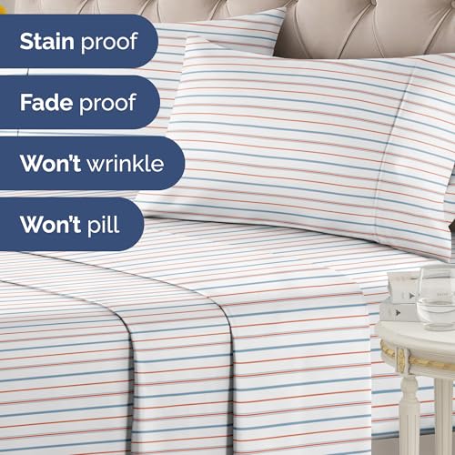 Image of Full 4 Piece Striped Sheet Set - Breathable & Cooling - Red Blue Stripe | 1 Flat, 1 Fitted & 2 Pillowcases w / Deep Pockets, Luxury Striped Bedding, Soft, Breathable & Cooling, Wrinkle & Fade Free