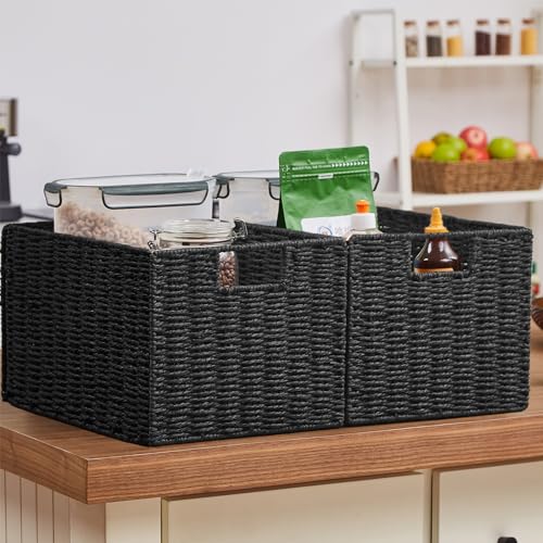Vagusicc Wicker Storage Basket, Set of 2 Hand-Woven Paper Rope Wicker Basket, Small Storage Baskets for Organizing Toilet Paper Basket, Foldable Large Cube Storage Organizer Bins for Shelves (Black) by Vagusicc - Image 6