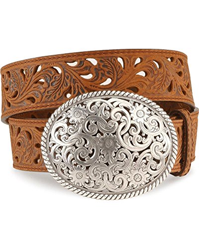 Tony Lama Women's Floral Cutout Leather Belt Brown 42