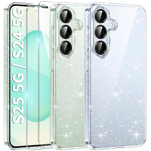 AROYI Coque 3 en 1 pour Samsung Galaxy S25 5G / S24 5G, étui à Paillettes Silicone Souple TPU Protection Case avec 2 Films de Protection en Verre trempé, Transparent pailleté Case