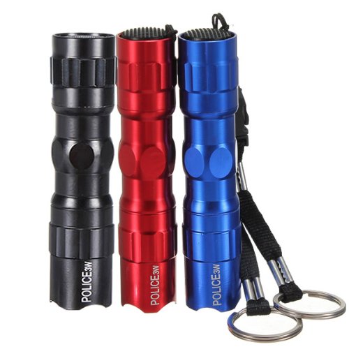 SYG_FR - Juego de 3 linternas de bolsillo LED (W/AA, 3 W, resistente al agua), color negro, azul y rojo