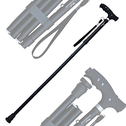 KingGear Travel Adjustable Folding Canes and Walking Sticks for Men and Women - Led Light and Easy Grip Handle for Arthritis Seniors & Disabled - Best Mobility Aids Cane (Black K5)