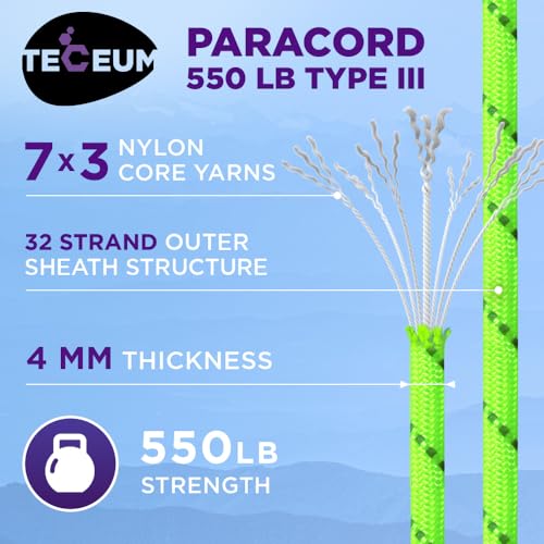 Image of TECEUM Reflective Paracord Rope 1000 - 1000ft /200ft /100ft /50ft - 40+ Colors - Glow in the Dark - para Cord - Utility Rope for Survival, Hunting & Camping Gear - Nylon String, Camping Rope, Tent Cord