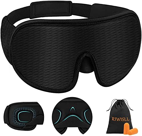 RIWISLL Sleep Mask, Super Soft 3D Contoured Cup Sleeping Mask, Upgraded 100% Blockout Light Sleep Masks for Women Men with Adjustable Strap, Comfortable Concave Molded Eye Covers for Sleeping, Black