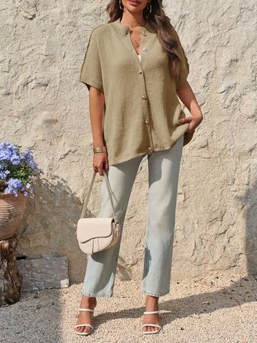 Image of Saodimallsu Womens Oversized Cardigan Sweaters Short Sleeve Button Down Casual Lightweight Loose Knit Trendy Cardigans