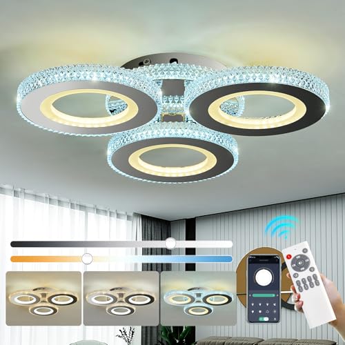 Image of Modern 33W Ceiling Light 3-Rings LED Ceiling Light Fixture with Remote Control Chrome Acrylic Dimmable Flush Mount Stainless Steel Chandelier for Livingroom Dining Room Kitchen Bedroom.