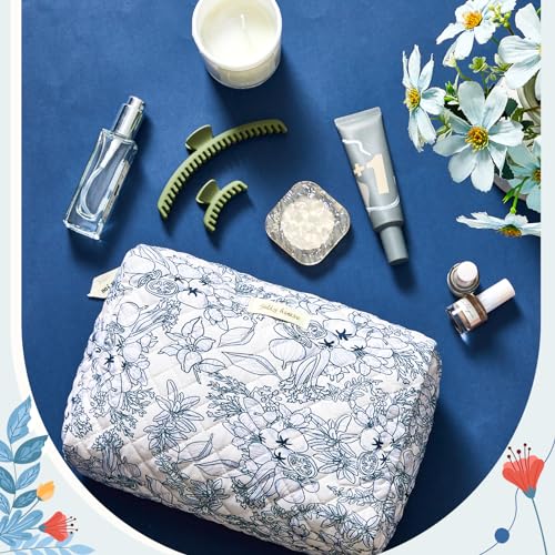 3 Pcs Cotton Quilted Makeup Bag Large Coquette Makeup Bag Travel Aesthetic Floral Makeup Bag Cute Kawaii Toiletry Cosmetic Pouch with Zipper for Women Gifts Home Bathroom (Blue Plants) - Image 6