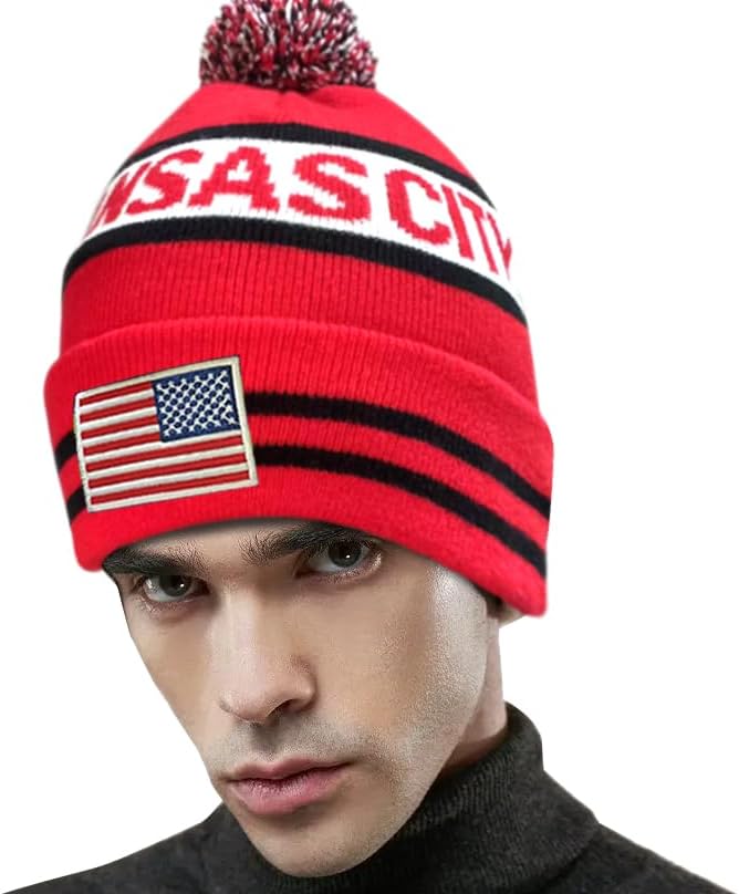 US Flag City Football Embroidery Classic Pom Cuff Kansas Beanie Hat Cuffed Winter Soft Beanie Knit Pom Hat Cap Red - Image 3