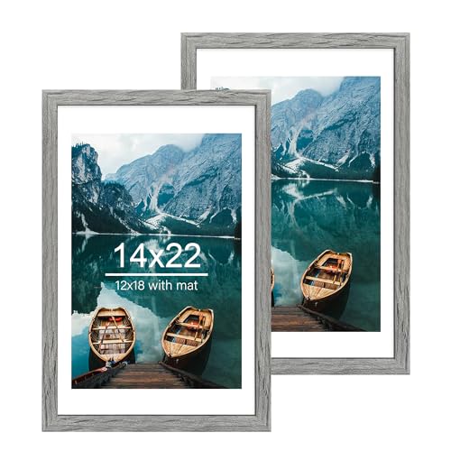 14x22 Picture Frame Set of 2, Rustic Grey Wood Style - Display 14 x 22 Picture without Mat or 12x18 Picture with Mat, Wall Mounting Horizontal and Vertical