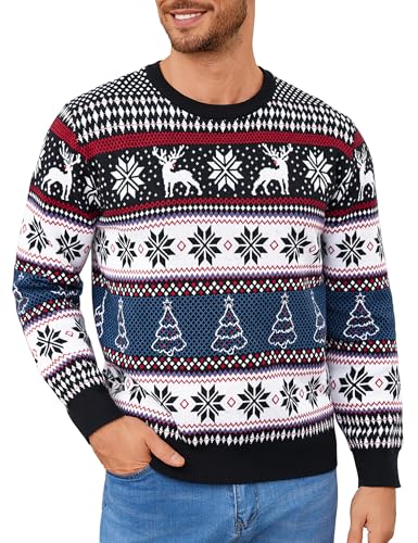 Leversic Suéter de Navidad para Hombre Punto Jersey de Invierno con Cuello Redondo Diseño de Renos y Copos de Nieve para Navidad S-XXL(Negro,XL)