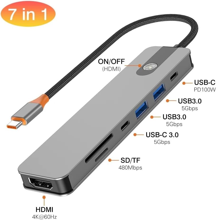 5/8 in 1 USB C to HDMI-Compatible Adapter Type C Splitter USB3.0/3.1 HUB Docking Station PD SD TF 3.5mm for Laptop(7 in 1)
