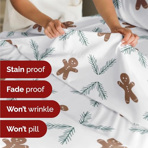 King Christmas Gingerbread Cookie Sheet Set - Holiday Xmas Pattern Bedding Set - Deep Pockets - Snug Fit - 4 Piece - Wrinkle Free - Comfy Festive Winter - Holiday Sheets for Women, Men, Kids & Teens