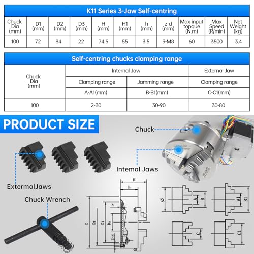 CNCTOPBAOS CNC Rotary Axis 4th Axis with 3 Jaw Chuck,K11-100mm Hollow Shaft Dividing Head Rotational A Axis,with 65mm Tailstock,Reducing Ratio:6:1 for CNC Router Lathe Engraving Milling Machine