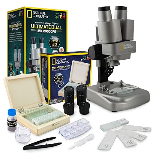 NATIONAL GEOGRAPHIC Microscope Science Kit - Dual LED Microscope for Kids, Ultra Bright 20x & 50x Magnification, 35 Microscope Slides and Covers, Most Complete Microscope Kit for Kids 8-12