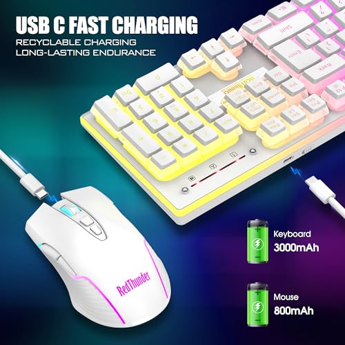 Image of RedThunder K10 Wireless Gaming Keyboard and Mouse Combo, RGB Backlit Rechargeable 3800mAh Battery, Mechanical Feel Anti-ghosting Keyboard + 7D 3200DPI Mice for PC Gamer(White Pudding)