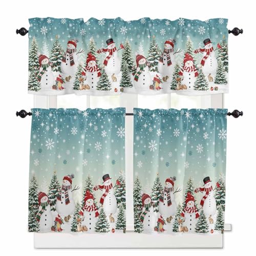 Epetloutys Christmas Snowman Kitchen Curtains Set, Teal Xmas Tree Winter