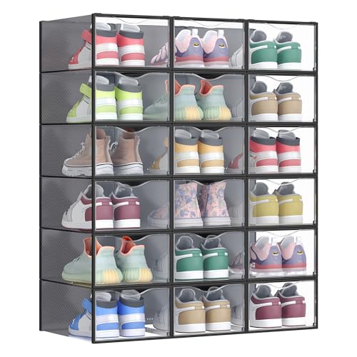 SONGMICS Schuhboxen, Schuh-Organizer aus Kunststoff, mit Tür, durchsichtig, 18er Set, stapelbar, einfache Montage, 33,2 x 23 x 14,5 cm, für Schuhe bis Größe 43, transparent-tintenschwarz LSP318B01