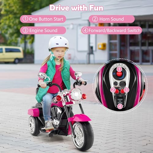 Image of Costzon 6V Ride on Chopper Kids Motorcycle with Horn, Headlight (Rose Red) | Battery Powered, 3-Wheel Stable Ride on Toys, Electric Toddler Motorcycle for Kids, Gift for Boys Girls