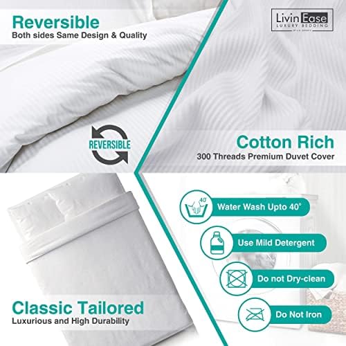 LivinEase White King Size Duvet Cover With 2 Pillow Cases Satin Pinstripes Luxury 300 Threads Premium Hotel Quality White King Size Bedding REVERSIBLE Cotton Rich White Duvet Cover (White, King)