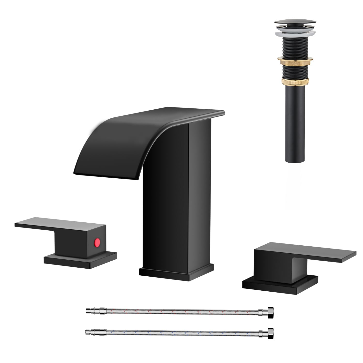 Matte Black Waterfall Bathroom Faucet 3 Hole 8 Inch Widespread Modern 3 Piece Bathroom Sink Faucet Touch On