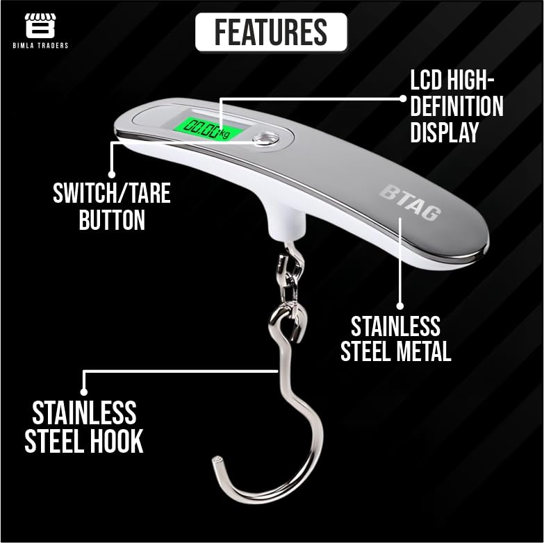 Btag Portable Electronic Luggage Weighing Scale | 50kg/110Lb Digital Handheld Travel Weight Scale with LED Display | Compact & Durable Suitcase/Baggage Weight Checker for Home– Pack of 1(JY-26)
