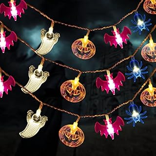 WUJUN Halloween Lights 6.5 FT 20 LEDs Pumpkins Ghosts Bats Spider Battery Operated String Lights for Window Porch Stair Bar Halloween Decorations Outdoor & Indoor (Warm 6.65FT)