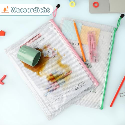 18 Stück Dokumententasche mit Reißverschluss,3 Größen Dokumententasche A4+A5+A6 Kunststoff Mesh Datei Taschen Dokumententaschen für Schule, Zuhause, Büro, Reisen, Kosmetika (6 Farben)