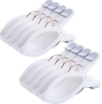 Foshine 8 Pack Lagrge Clips for Beach Chairs, White Jumbo Size Towel Clamps Lounge Pool Chairs,Plastic Clothes Clips Clamps Large for Cruise Vacation