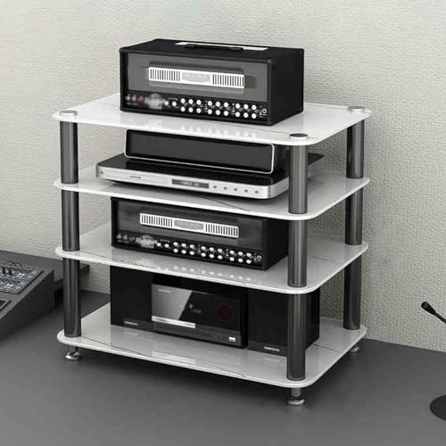 Moderno armario estéreo con estantes de vidrio templado, elegante consola de TV blanca para Xbox One PS4 reproductores de DVD, 35 cm de alto y 48 cm de ancho, soporte multimedia para entretenimiento