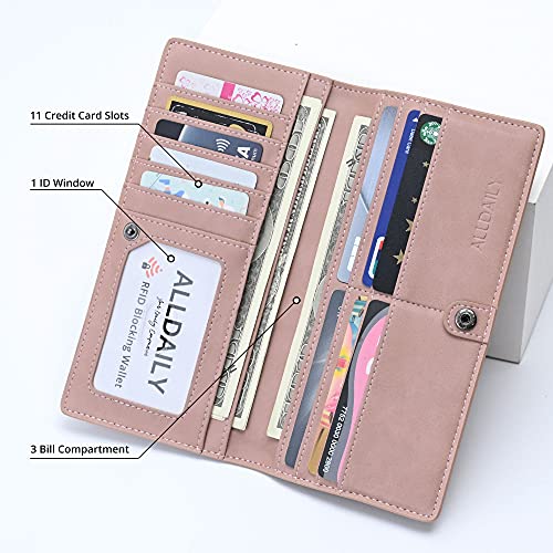 Image of Alldaily Ultra Slim Thin Women Wallet RFID Blocking Credit Card Holder Bifold Long Ladies Billfold (Dark Pink)