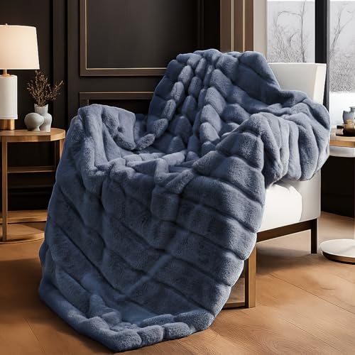 Cozy Bliss Deluxe Sheared Rabbit Faux Fur Throw Blanket, Soft Fuzzy High-Low Sculpted Plush Blanket for Couch, Cozy Home Accent, All Season Use, Blue 50'x60'
