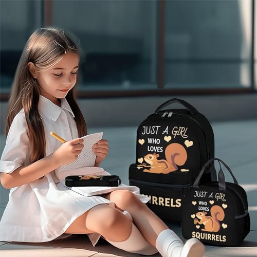 Squirrel Backpack with Lunch Box, Set of 3 School Backpacks Matching Combo for Girls Boys, Cute Black Bookbag and Pencil Case Bundle2
