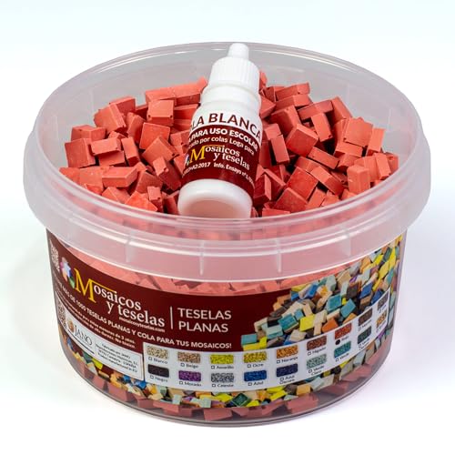 Cubo 1000 teselas rojas para mosaico planas de 7,5x7,5x3 mm. + regalo cola blanca uso escolar